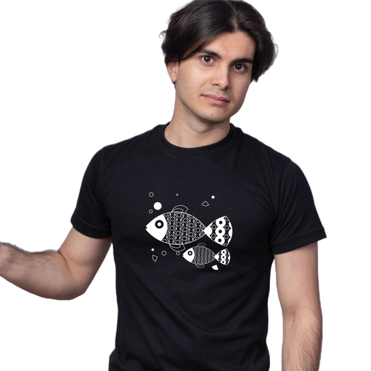 Unisex Printed 100% Cotton T-Shirt - Fish Family - Black