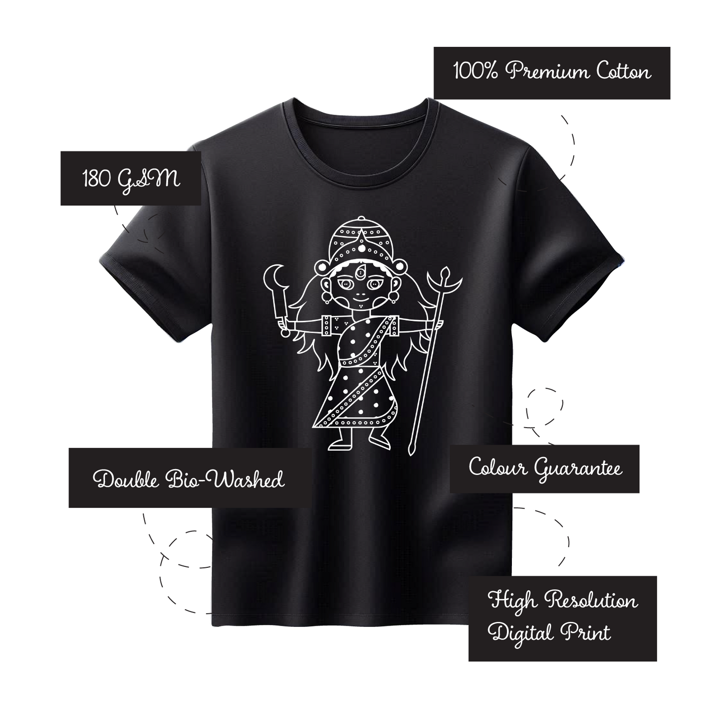 Unisex Printed 100% Cotton T-Shirt - Durga - Black