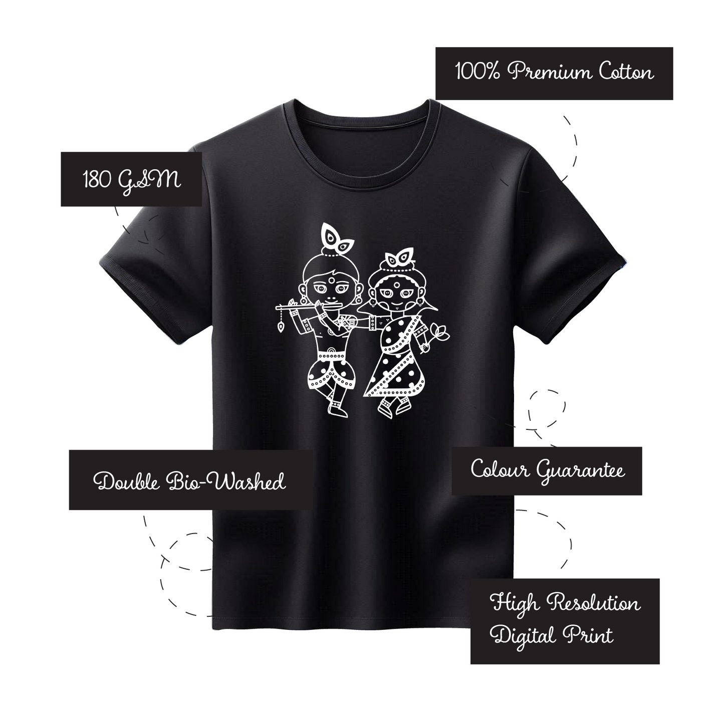 Unisex Printed 100% Cotton T-Shirt - Radhe Krishna - Black