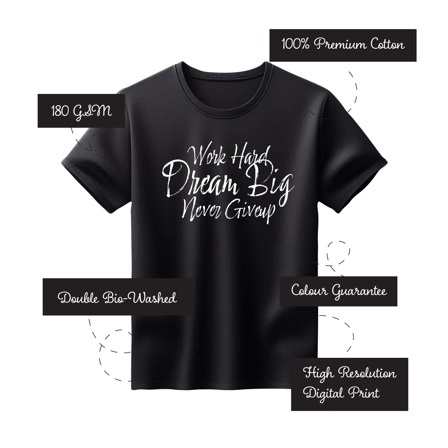 Unisex Printed 100% Cotton T-Shirt - Work Hard Dream Big - Black
