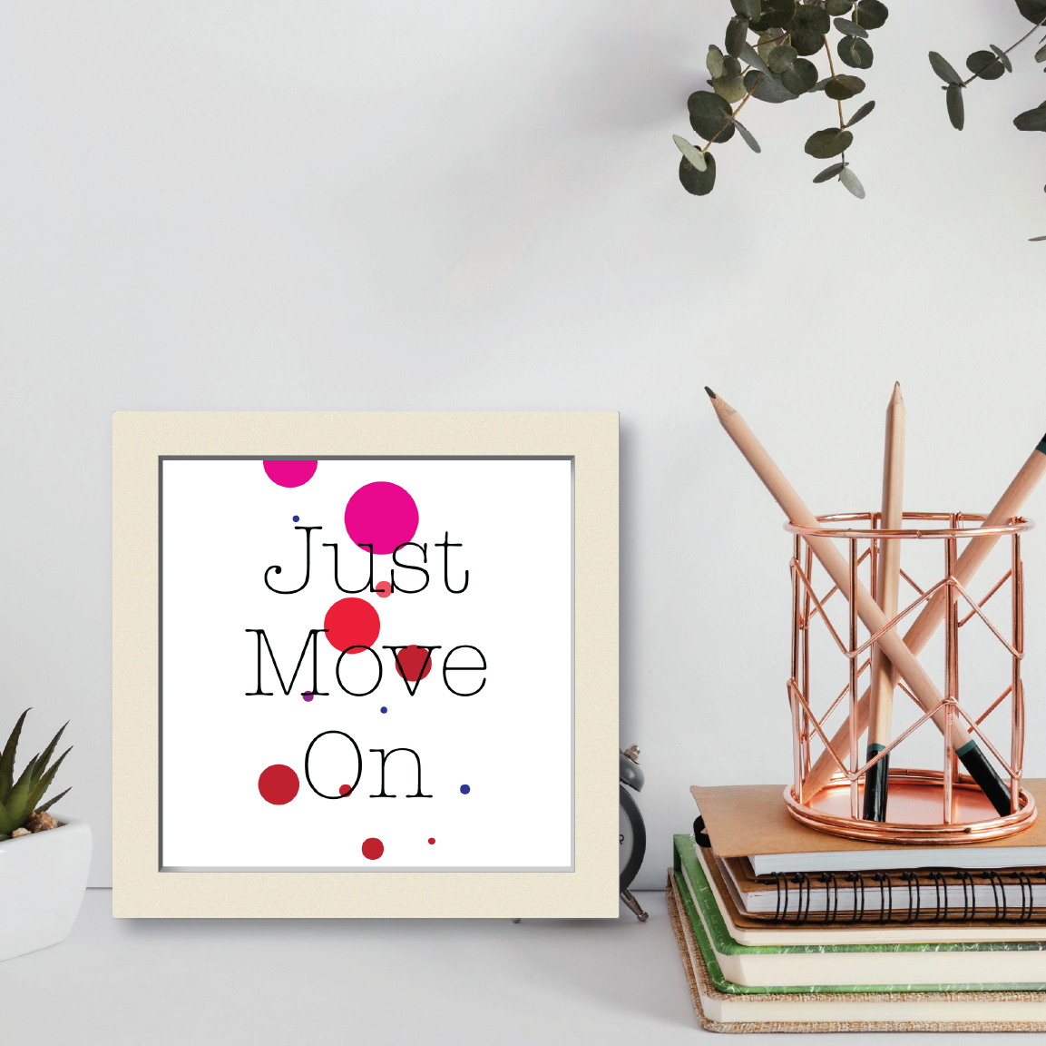 Combo Deal | Set of 3 | Just Move On - Framed Art, Coffee Mug & Mens Printed 100% Cotton T-Shirt