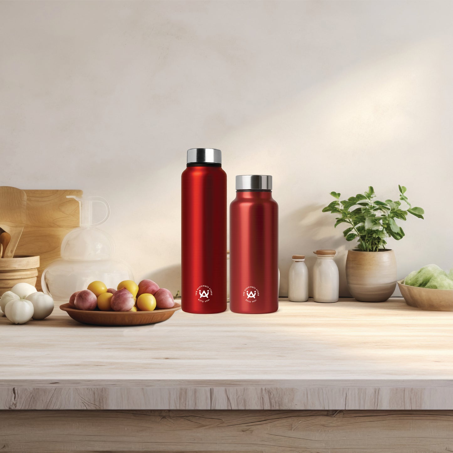 Shanti Neer | Plain Stainless Steel Water Bottle | 1000 ML | Set of 2 | Black & Red
