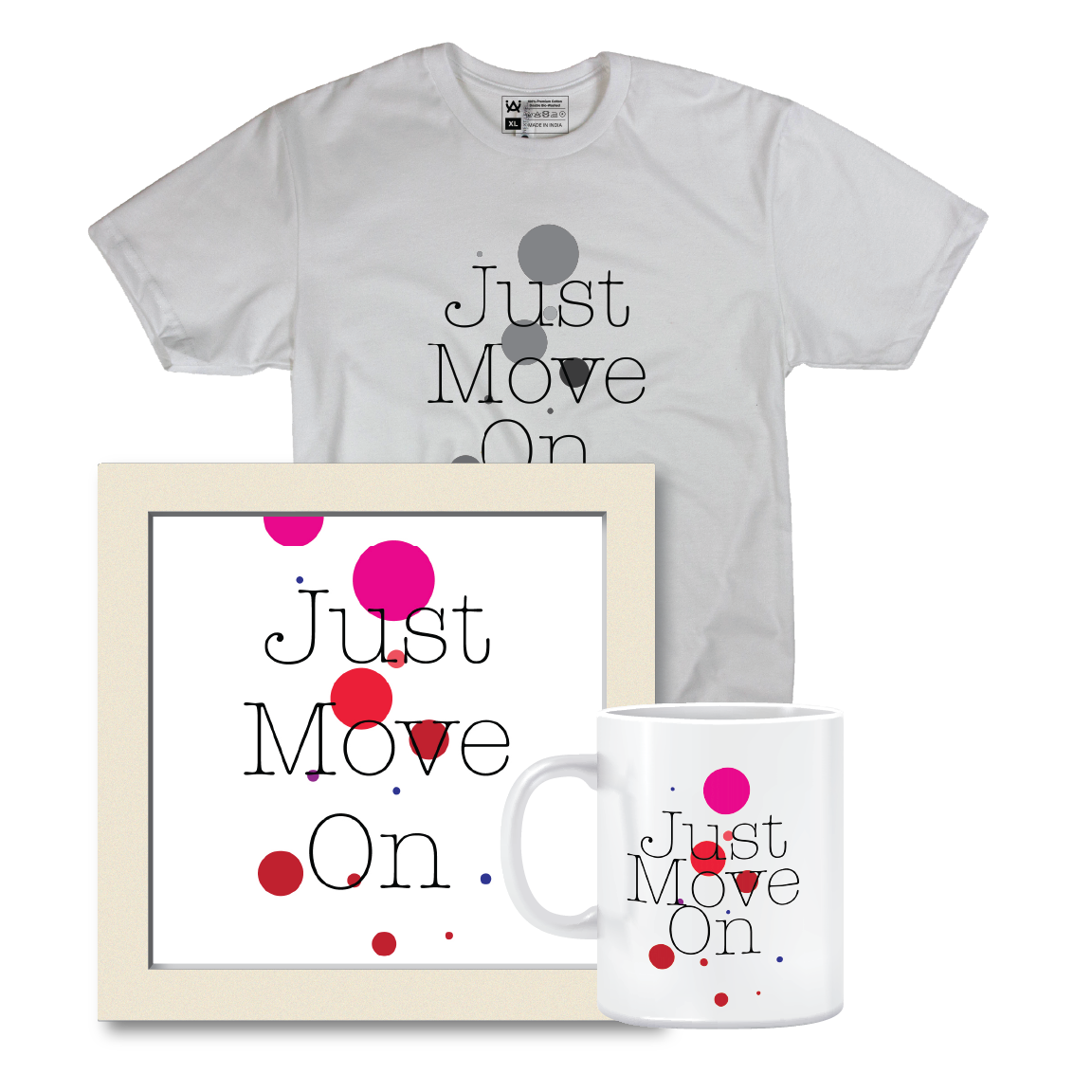 Combo Deal | Set of 3 | Just Move On - Framed Art, Coffee Mug & Mens Printed 100% Cotton T-Shirt