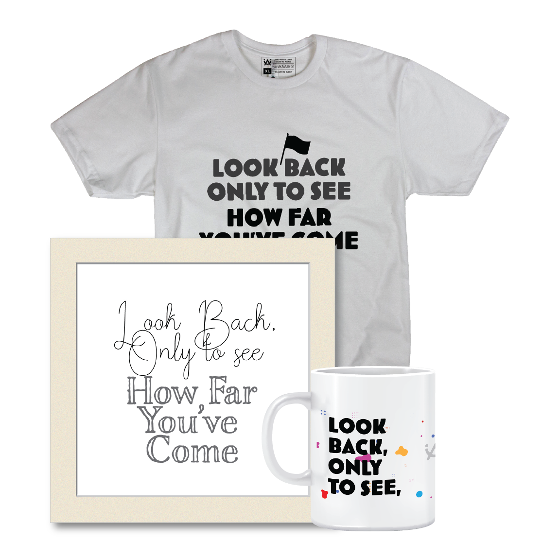 Combo Deal | Set of 3 | Look Back Only - Framed Art, Coffee Mug & Mens Printed 100% Cotton T-Shirt
