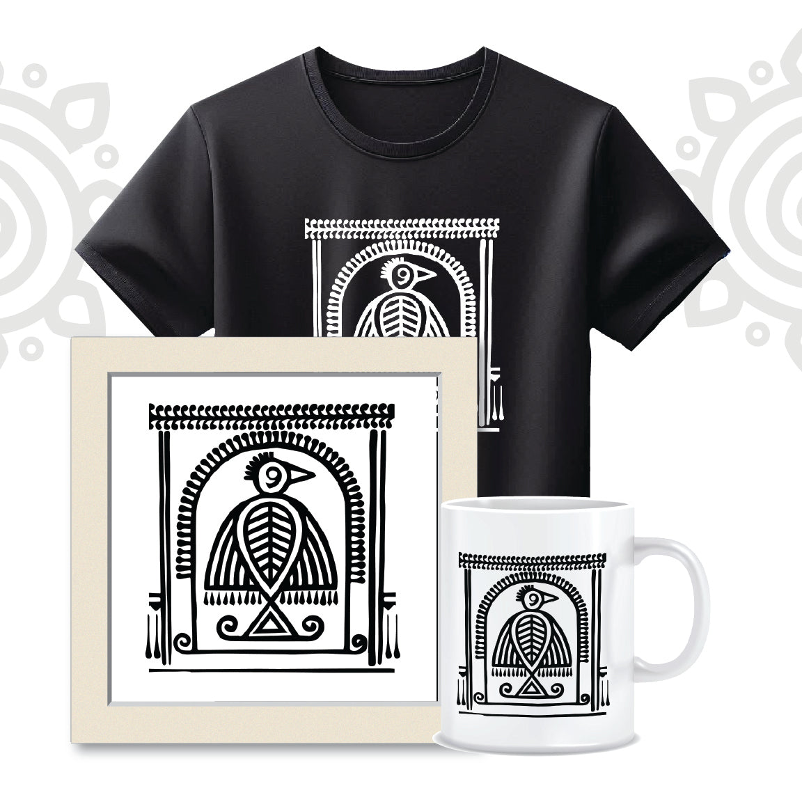 Combo Deal | Set of 3 | Shantiniketan #2 - Framed Art, Coffee Mug & Printed 100% Cotton T-Shirt