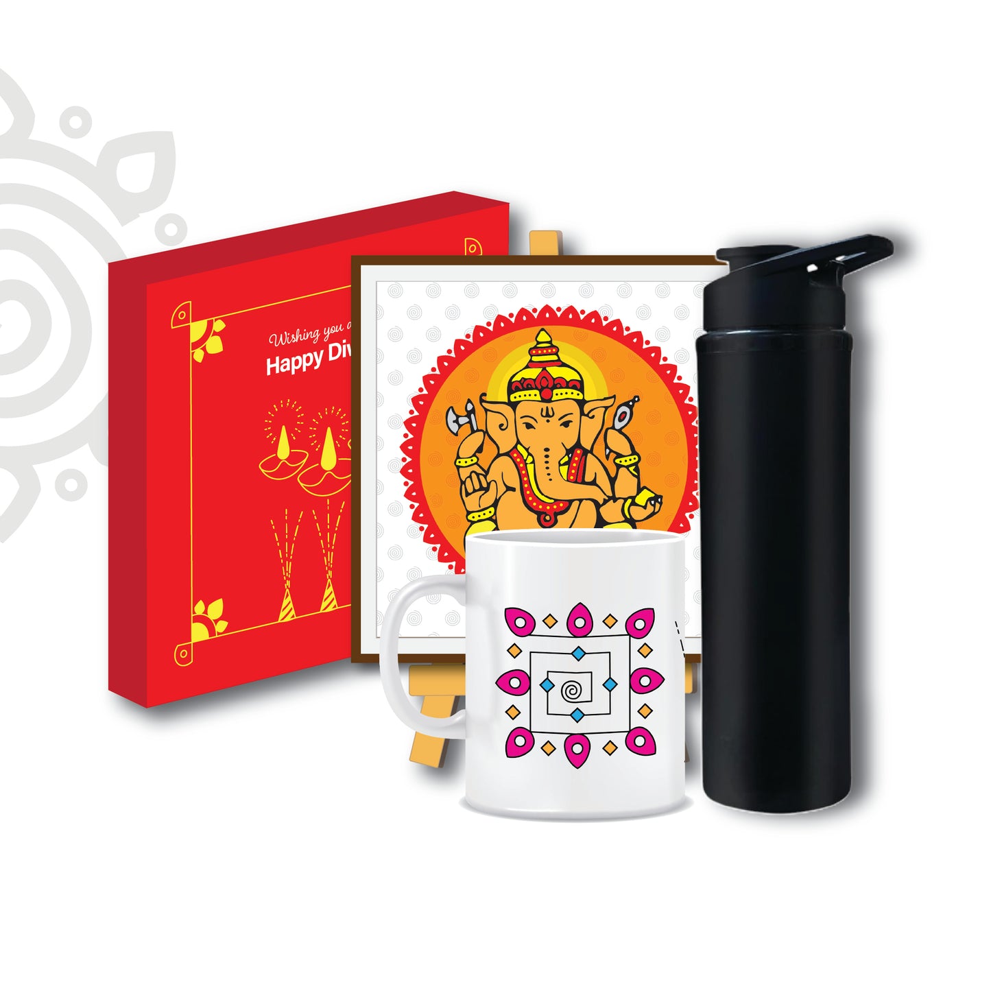 Welcome Gift | Style #2 | Boxed set of Lord Ganesha photo frame + Wooden Stand + Printed Coffee Mug + Sports Bottle