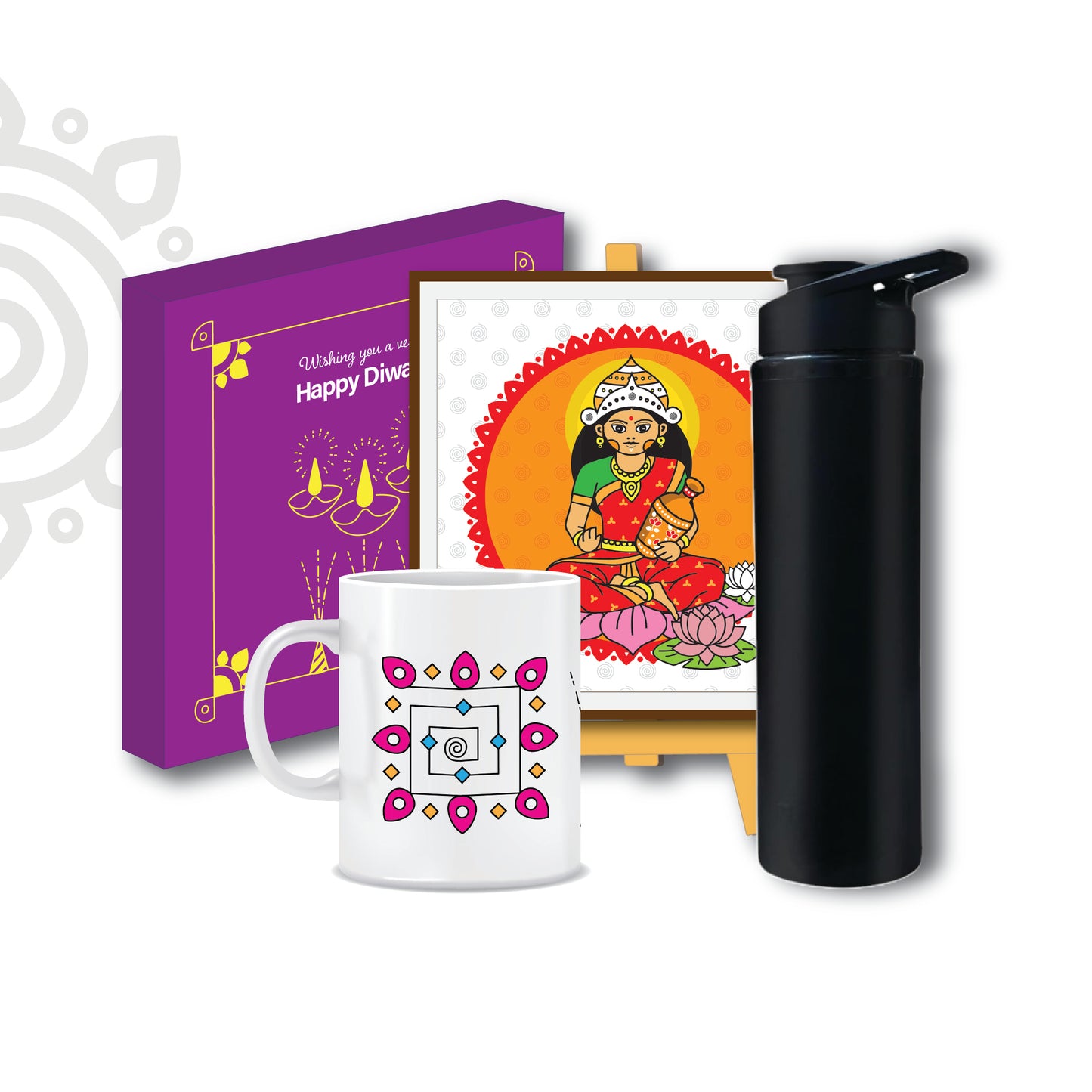 Birthday Gift | Style #2 | Boxed set of Goddess Lakshmi photo frame + Wooden Stand + Printed Coffee Mug + Sports Bottle