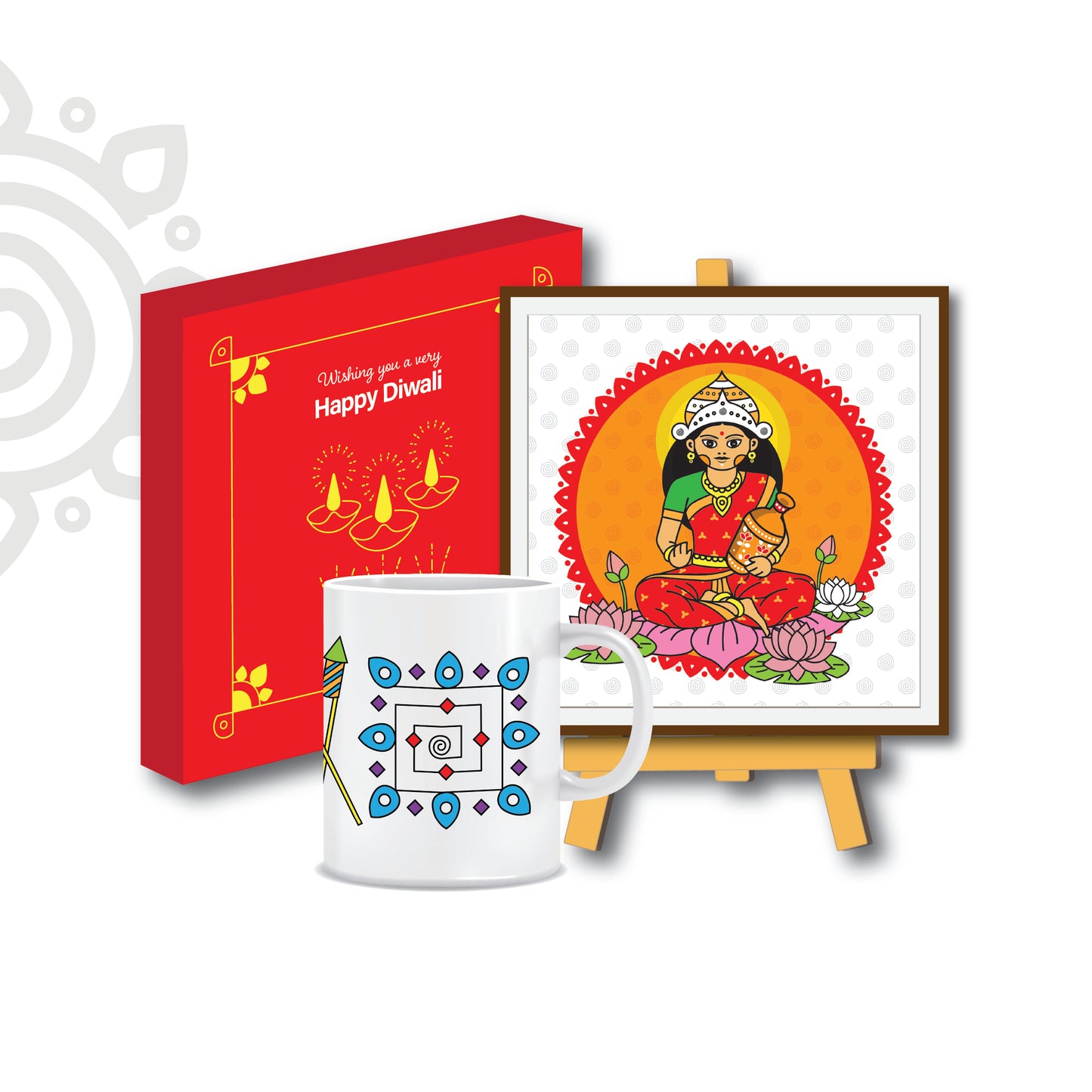 Anniversary Gift | Style #3 | Boxed set of Goddess Lakshmi photo frame + Wooden Stand + Printed Coffee Mug