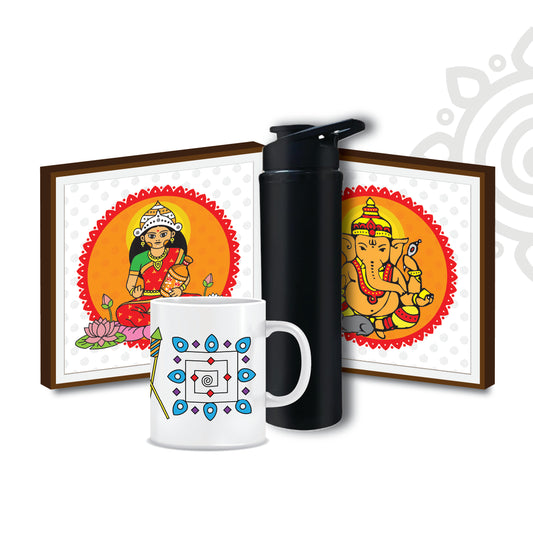 Birthday Gift | Set of Goddess Lakshmi + Lord Ganesha photo frame + Printed Coffee Mug + Sports Bottle