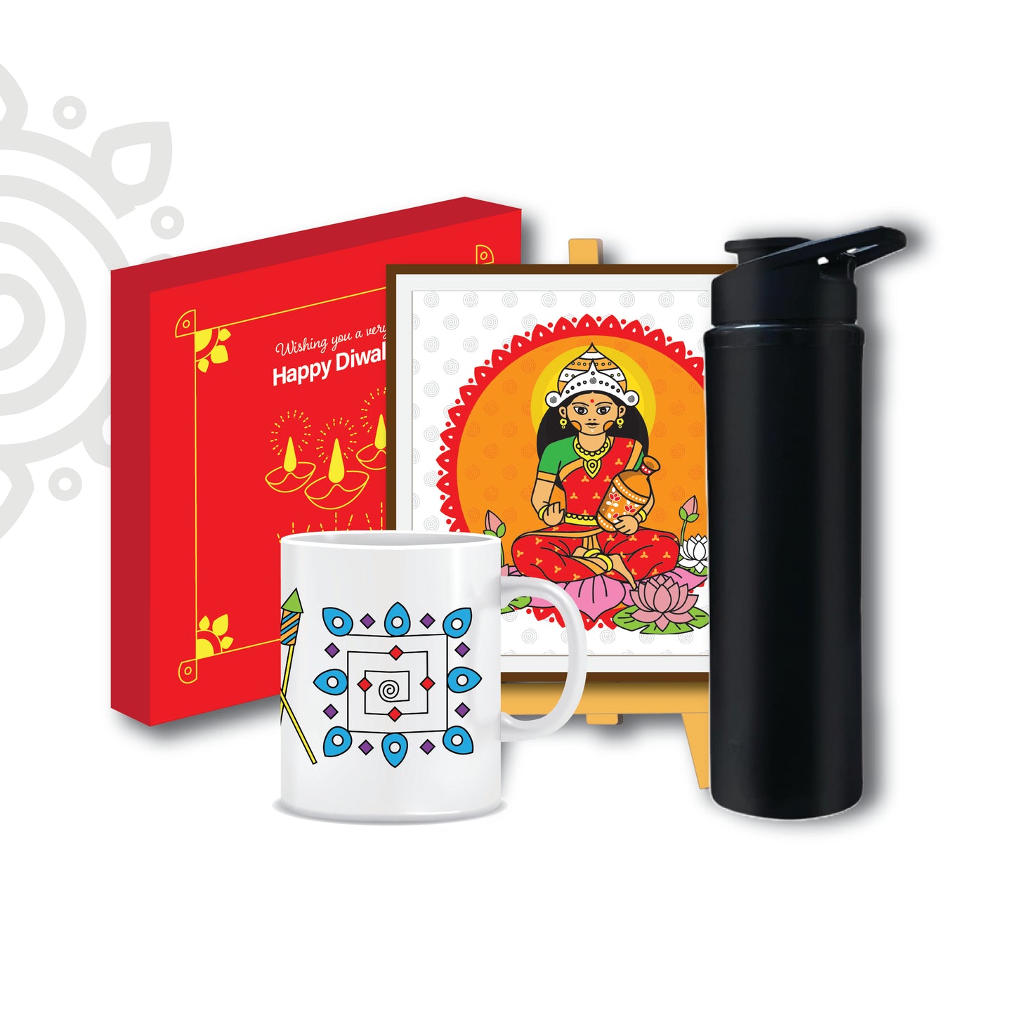 Birthday Gift | Style #2 | Boxed set of Goddess Lakshmi photo frame + Wooden Stand + Printed Coffee Mug + Sports Bottle
