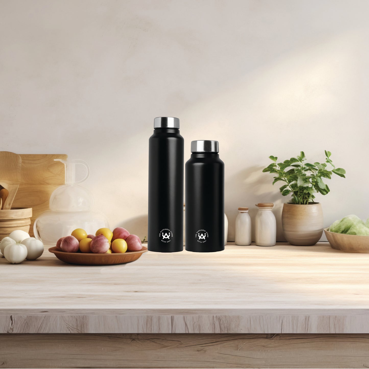 Shanti Neer | Plain Stainless Steel Water Bottle | 750 ML | Set of 2 | Black & Red