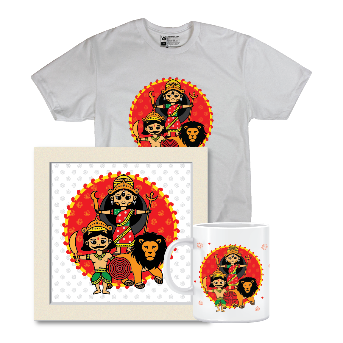 Combo Deal | Set of 3 | Durga - Framed Art, Coffee Mug & Mens Printed 100% Cotton T-Shirt