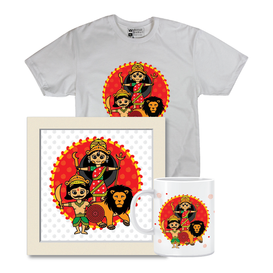 Combo Deal | Set of 3 | Durga - Framed Art, Coffee Mug & Mens Printed 100% Cotton T-Shirt