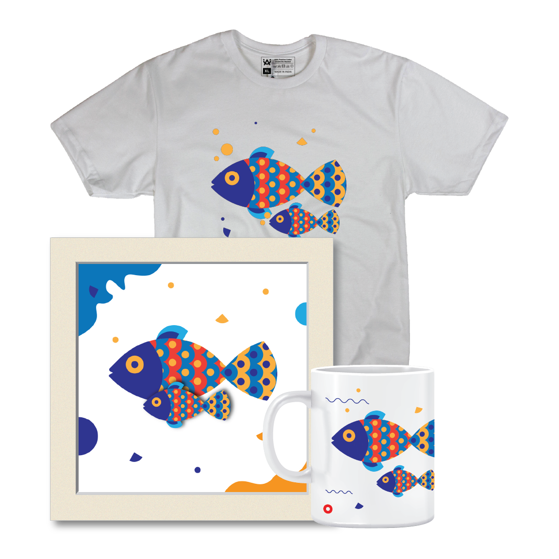 Combo Deal | Set of 3 | Fish Family - Framed Art, Coffee Mug & Mens Printed 100% Cotton T-Shirt