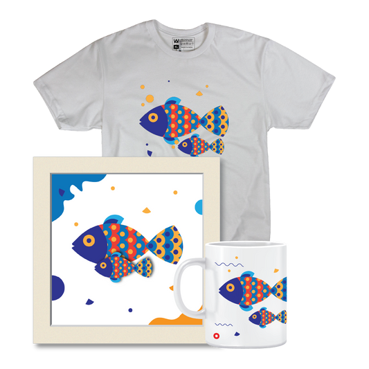 Combo Deal | Set of 3 | Fish Family - Framed Art, Coffee Mug & Mens Printed 100% Cotton T-Shirt