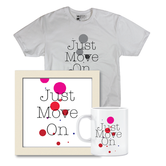 Combo Deal | Set of 3 | Just Move On - Framed Art, Coffee Mug & Mens Printed 100% Cotton T-Shirt