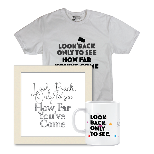 Combo Deal | Set of 3 | Look Back Only - Framed Art, Coffee Mug & Mens Printed 100% Cotton T-Shirt