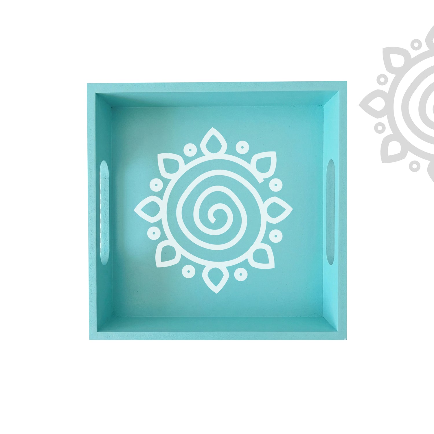 Turquoise tray with white spiral design on a white background