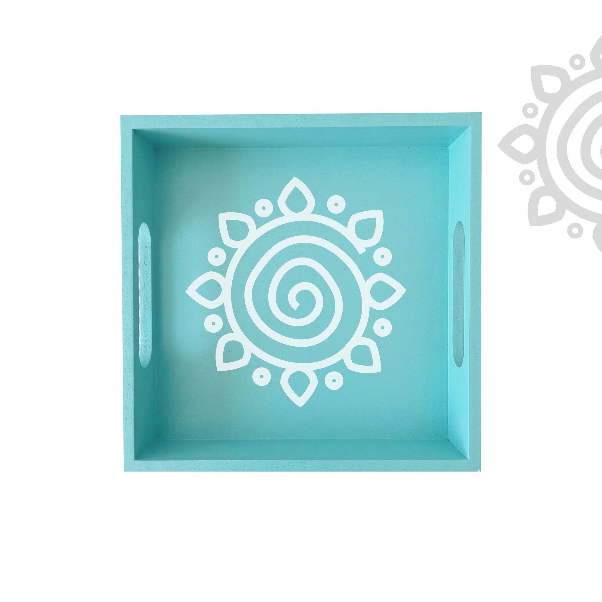 Turquoise tray with white spiral design on a white background