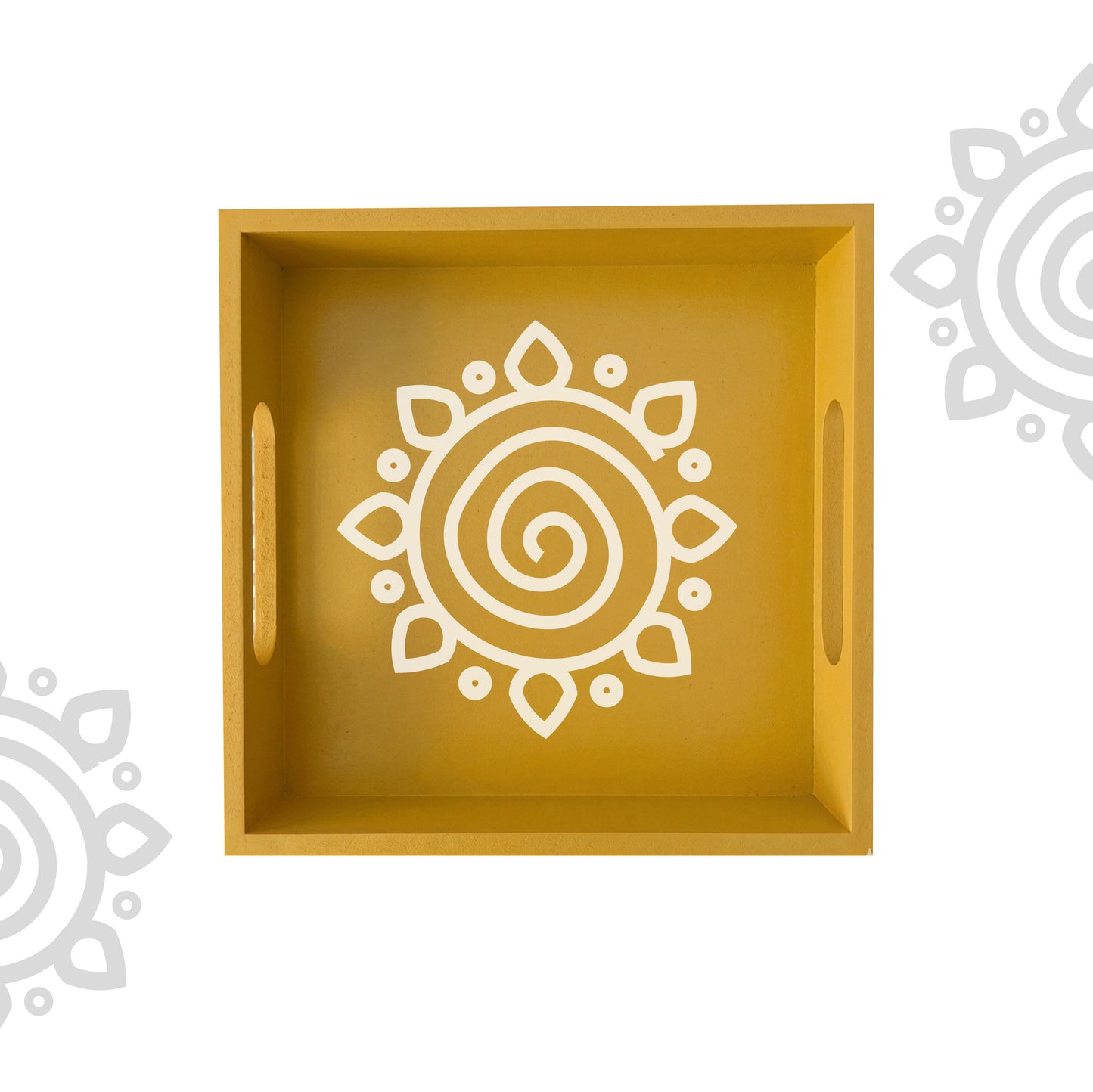 Yellow tray with a white spiral design on a white background