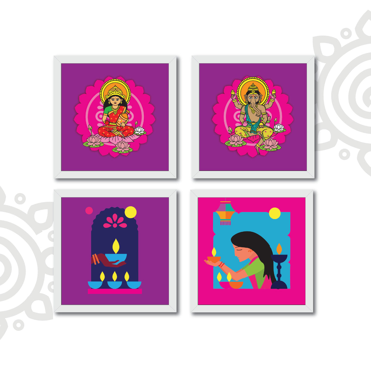 Deepawali Collection | 6X6 Inch | Style #12 | Set of 4 Colorful Framed Wall Art
