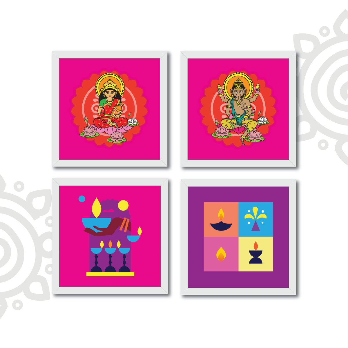 Deepawali Collection | 6X6 Inch | Style #13 | Set of 4 Colorful Framed Wall Art