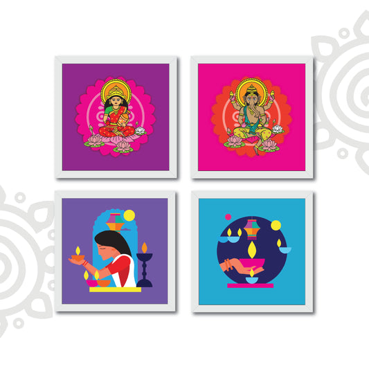 Deepawali Collection | 6X6 Inch | Style #14 | Set of 4 Colorful Framed Wall Art