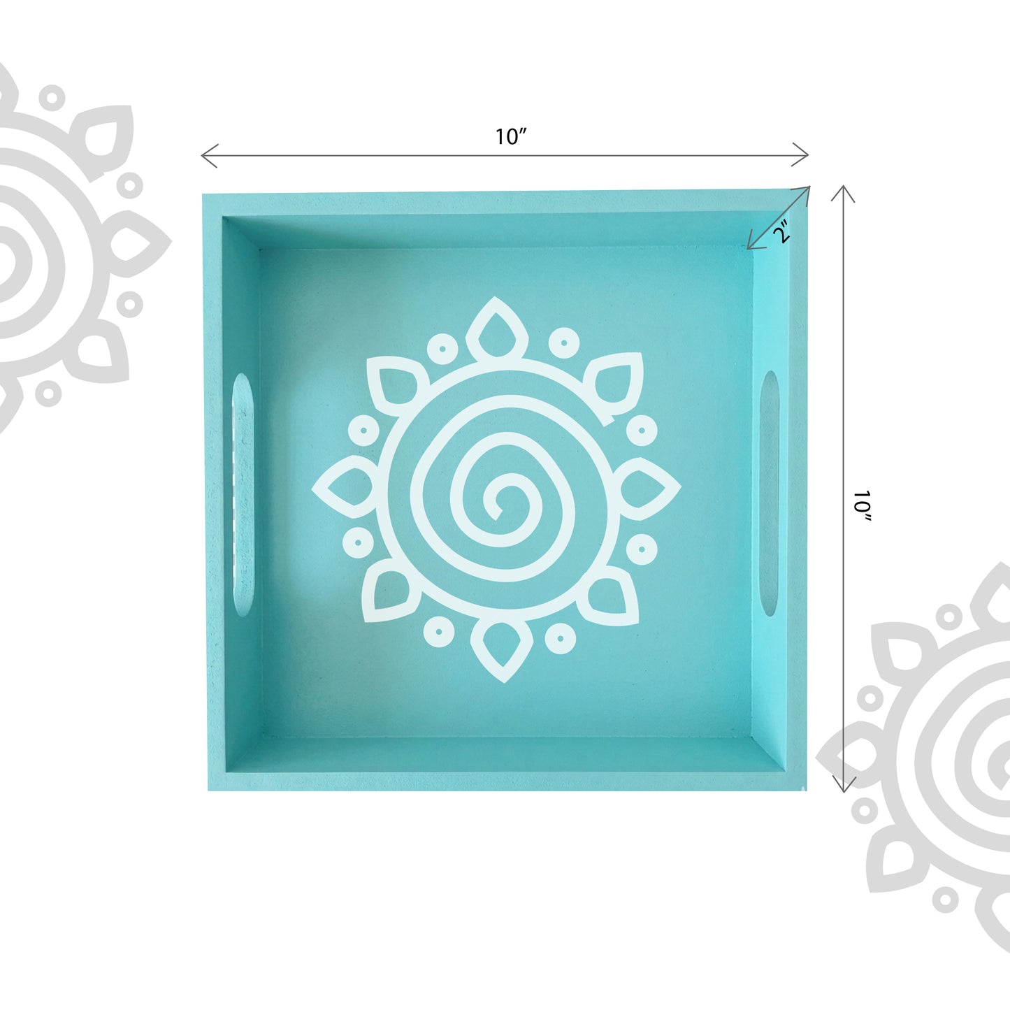Turquoise decorative tray with white spiral design and dimensions on a white background