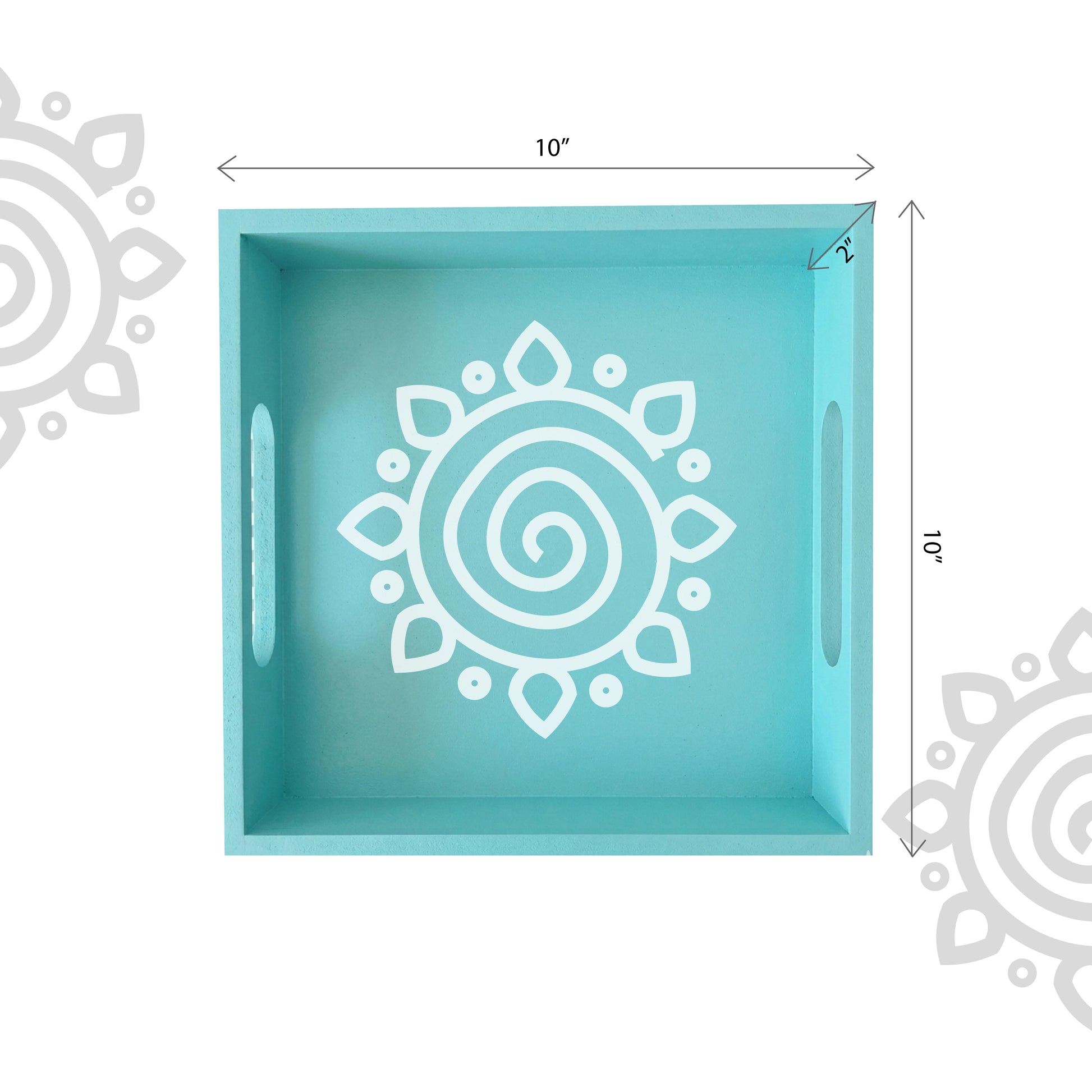 Turquoise decorative tray with white spiral design and dimensions on a white background