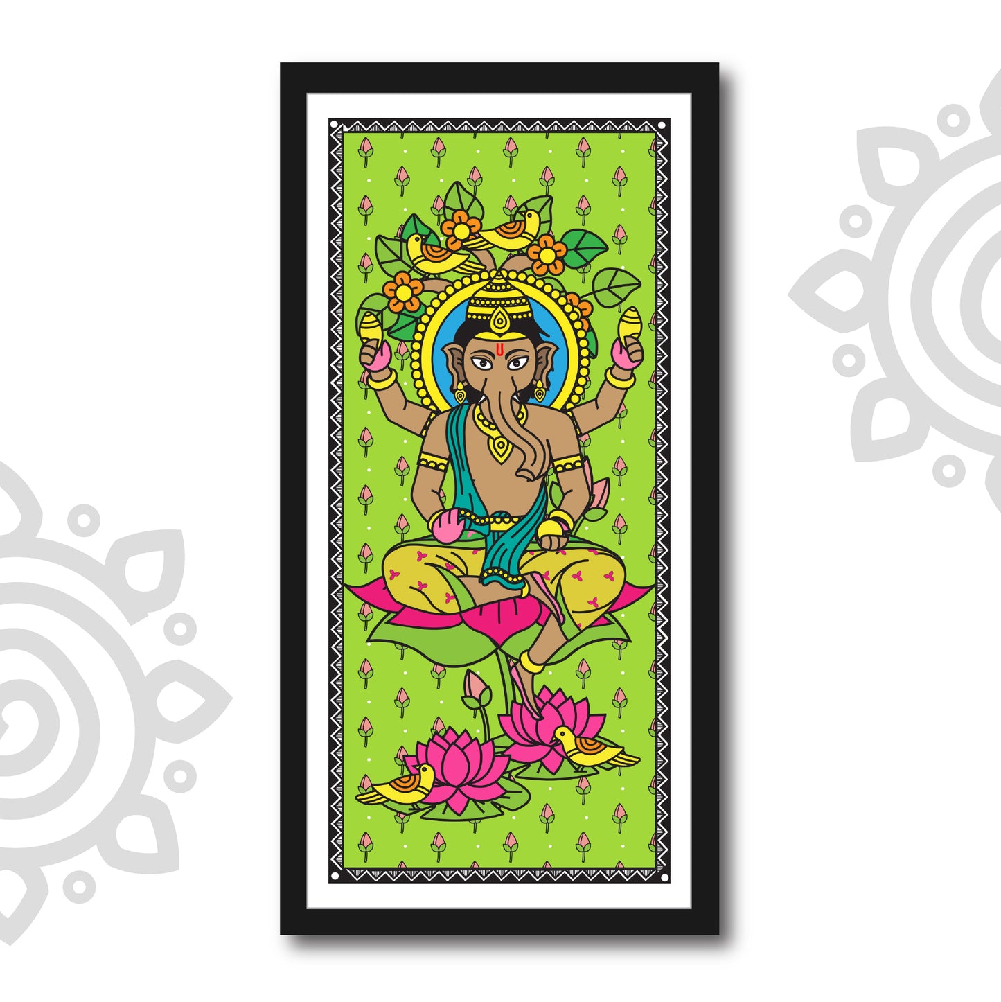 Madhubani Art | Digital Illustration | Set of 3 | 8 X 17 Inch | Divine Wall Art for Home and Office