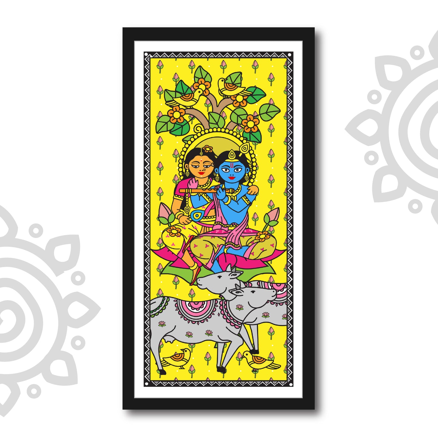 Radhe-Shyam | Madhubani Art | Digital Illustration | 8 X 17 Inch | Divine Wall Art for Home and Office