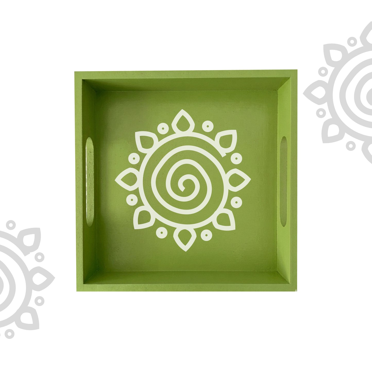 Green tray with white spiral design on a white background