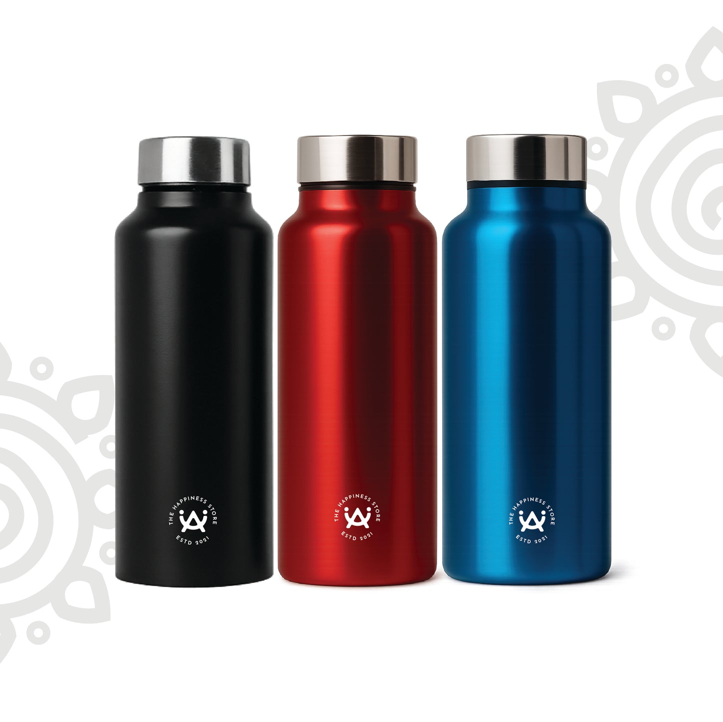 Shanti Neer | Plain Stainless Steel Water Bottle | 750 ML | Set of 3 | Black, Blue & Red