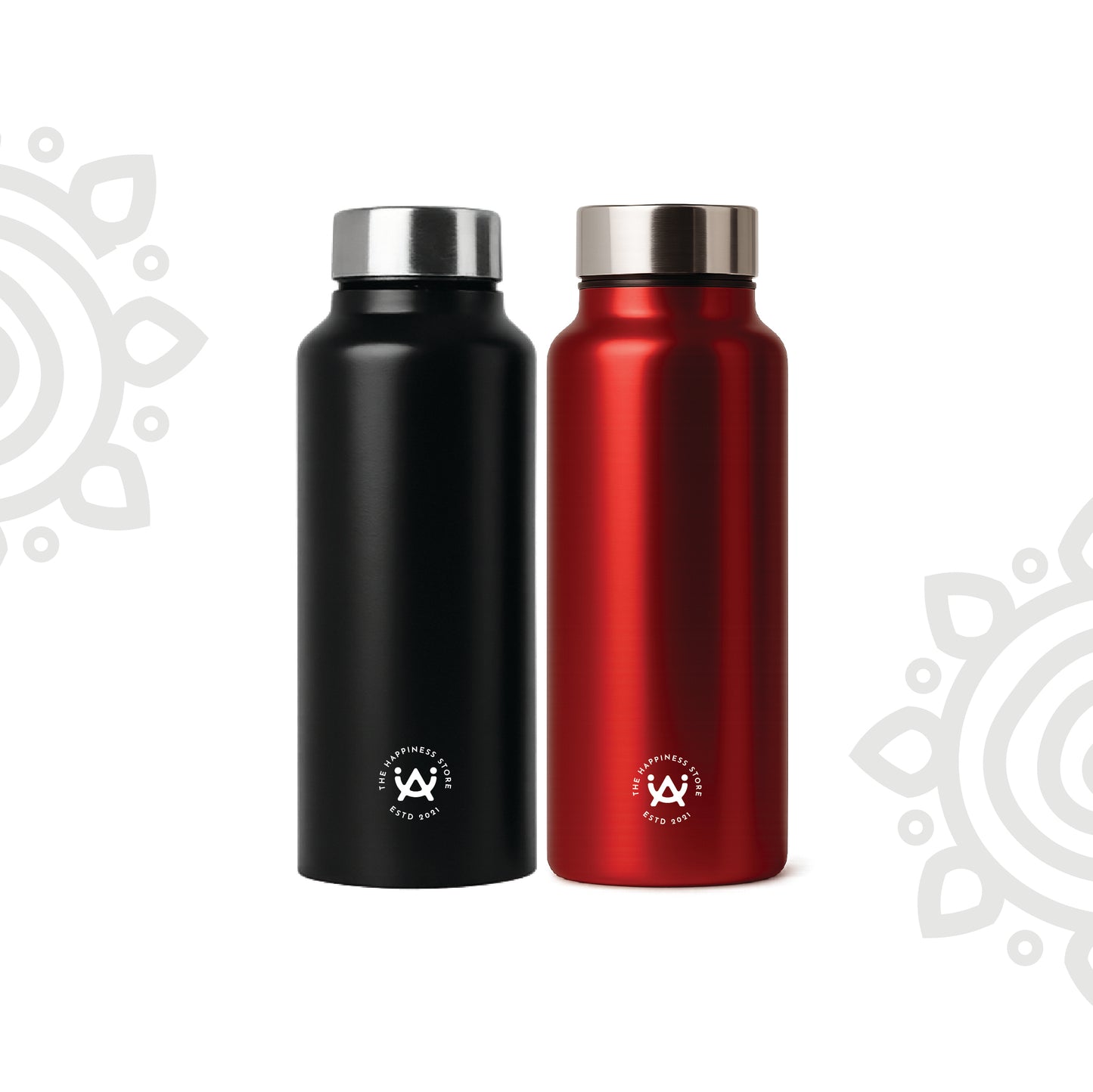 Shanti Neer | Plain Stainless Steel Water Bottle | 750 ML | Set of 2 | Black & Red