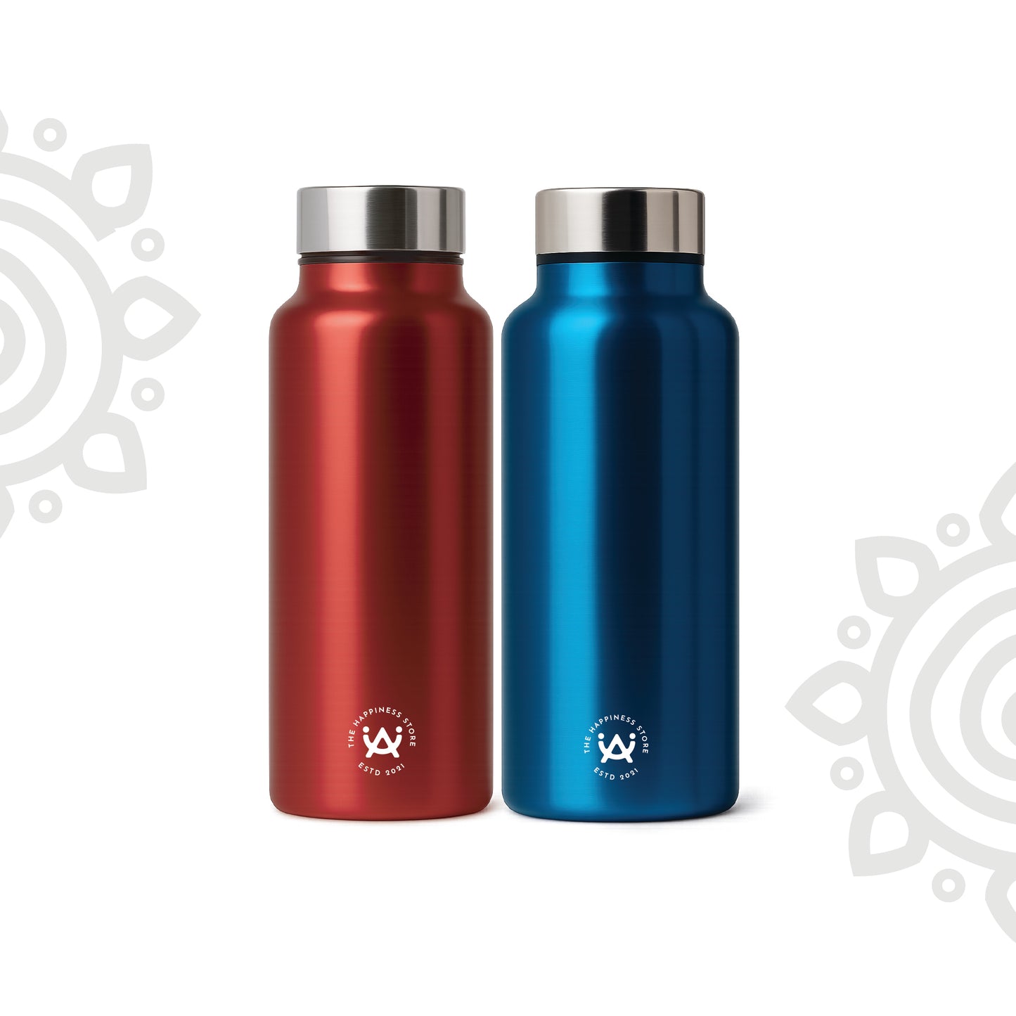 Shanti Neer | Plain Stainless Steel Water Bottle | 750 ML | Set of 2 | Red & Blue