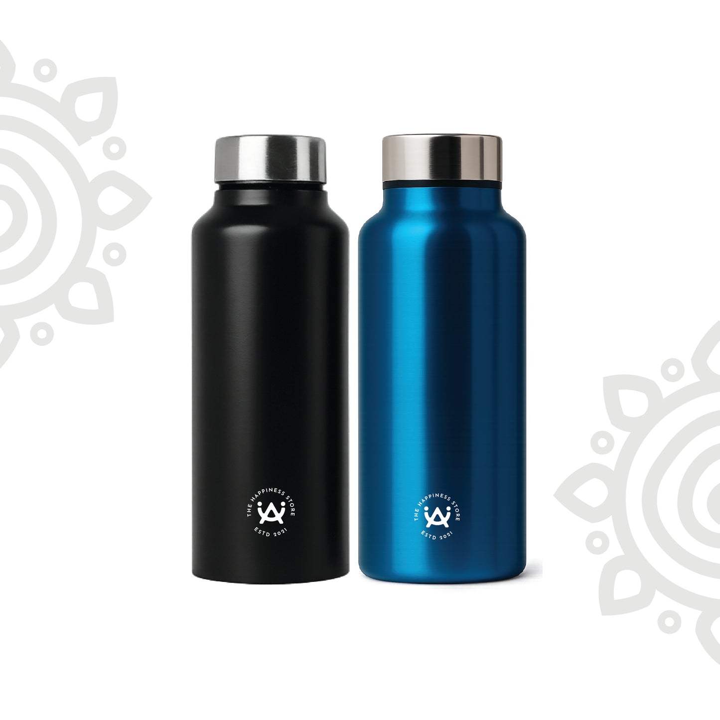 Shanti Neer | Plain Stainless Steel Water Bottle | 750 ML | Set of 2 | Black & Blue