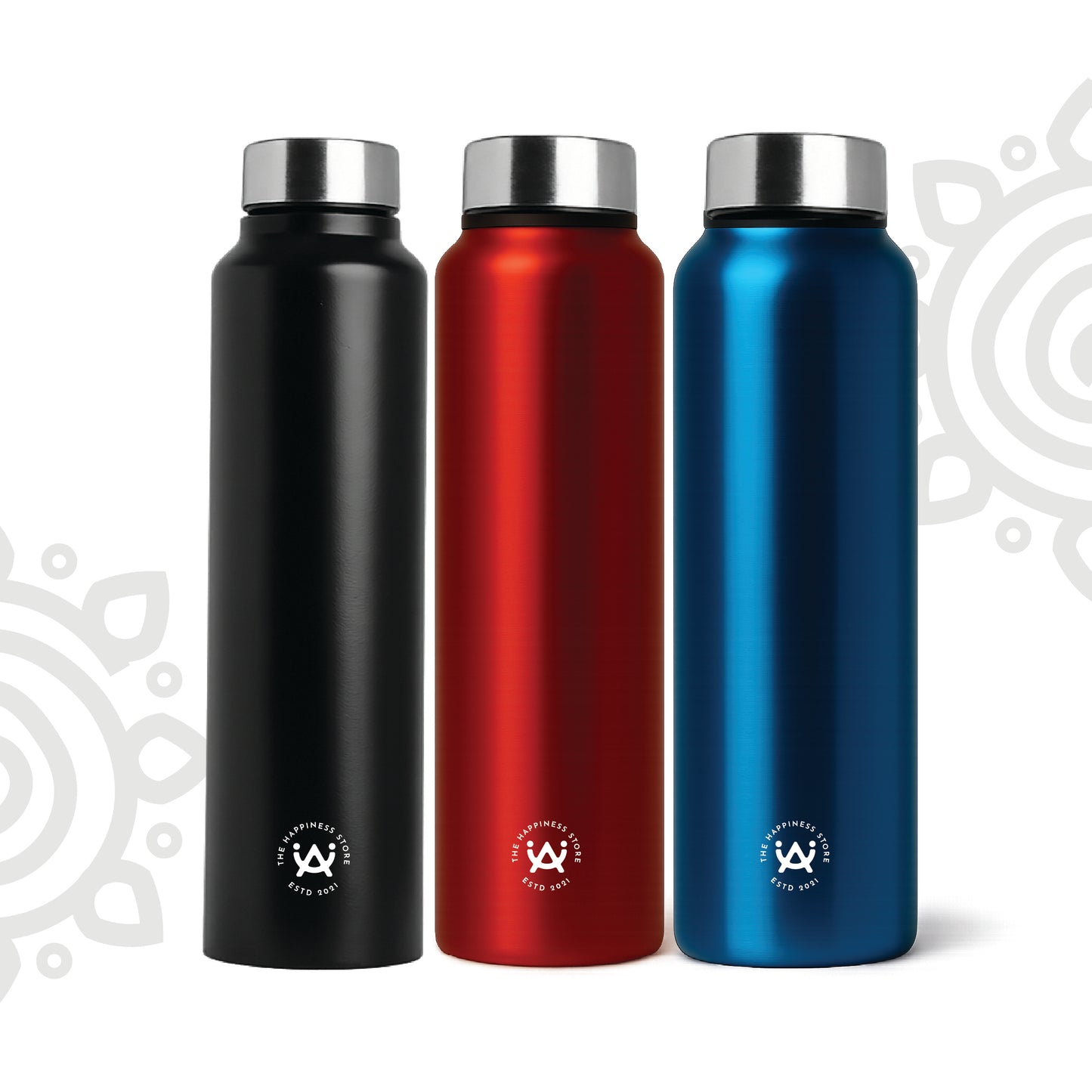 Shanti Neer | Plain Stainless Steel Water Bottle | 1000 ML | Set of 3 | Black, Blue & Red