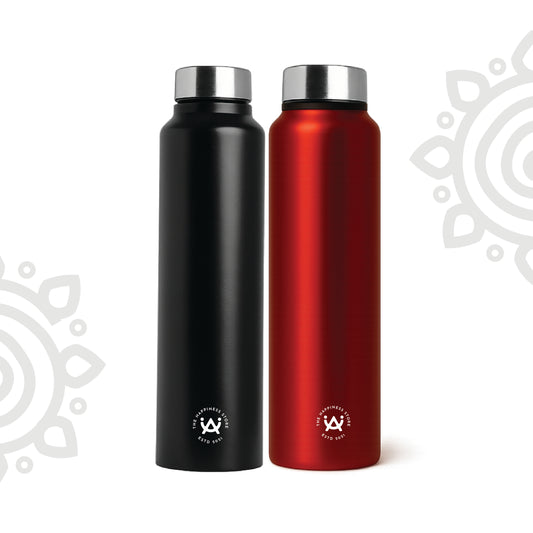 Shanti Neer | Plain Stainless Steel Water Bottle | 1000 ML | Set of 2 | Black & Red