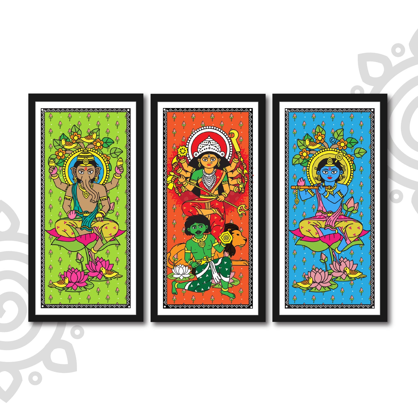 Madhubani Art | Digital Illustration | Set of 3 | 8 X 17 Inch | Divine Wall Art for Home and Office