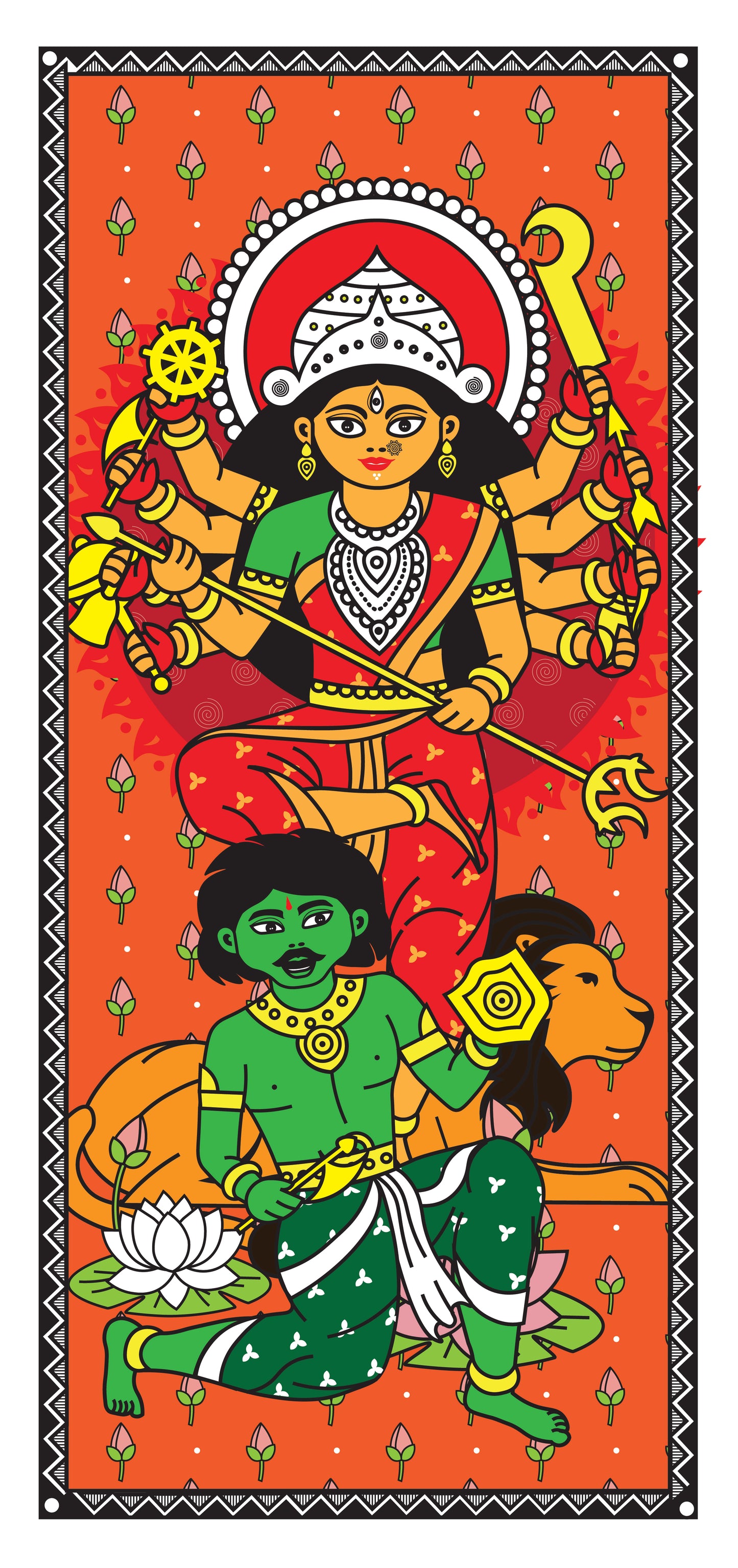 Madhubani Art | Digital Illustration | Set of 3 | 8 X 17 Inch | Divine Wall Art for Home and Office