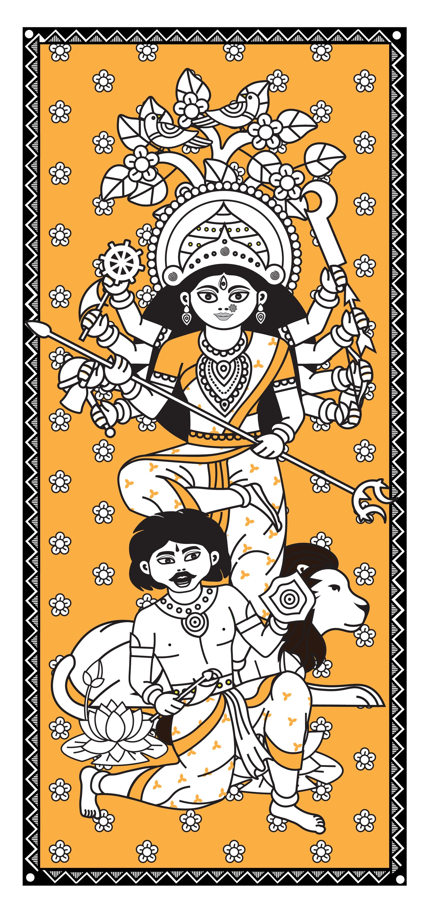 Maa Durga | Kalamkari Art | Digital Illustration | 8 X 17 Inch | Divine Wall Art for Home and Office