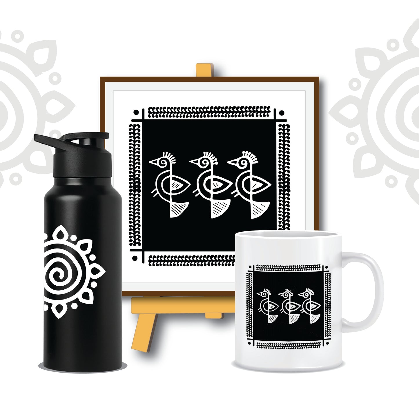 Combo Deal | Shantiniketan Style #1 | Set of 3 - Framed Art with stand, Printed Coffee Mug & Designer SS Bottle