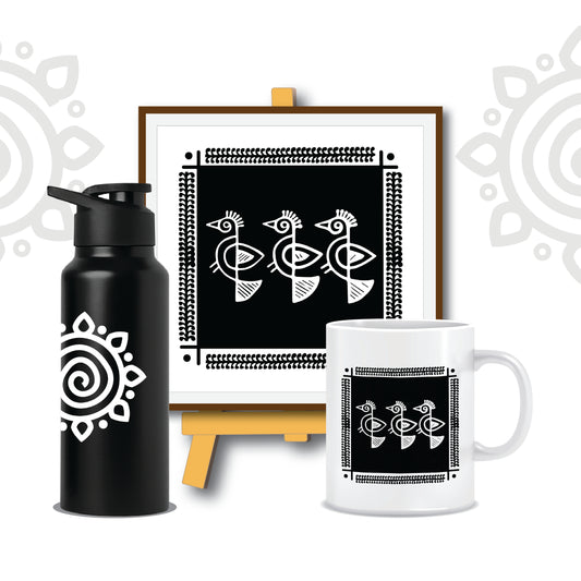 Combo Deal | Shantiniketan Style #1 | Set of 3 - Framed Art with stand, Printed Coffee Mug & Designer SS Bottle