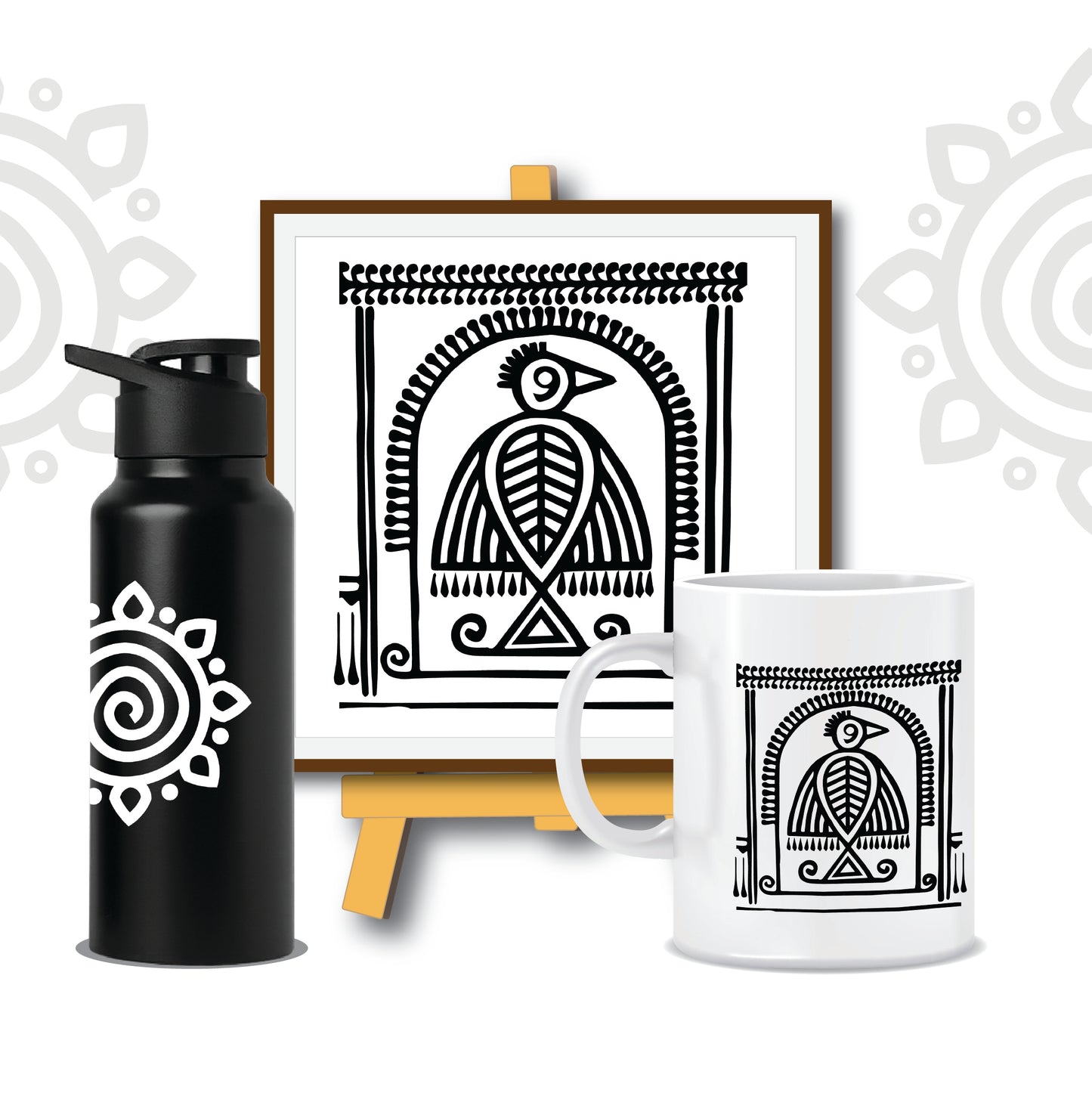 Combo Deal | Shantiniketan Style #2 | Set of 3 - Framed Art with stand, Printed Coffee Mug & Designer SS Bottle