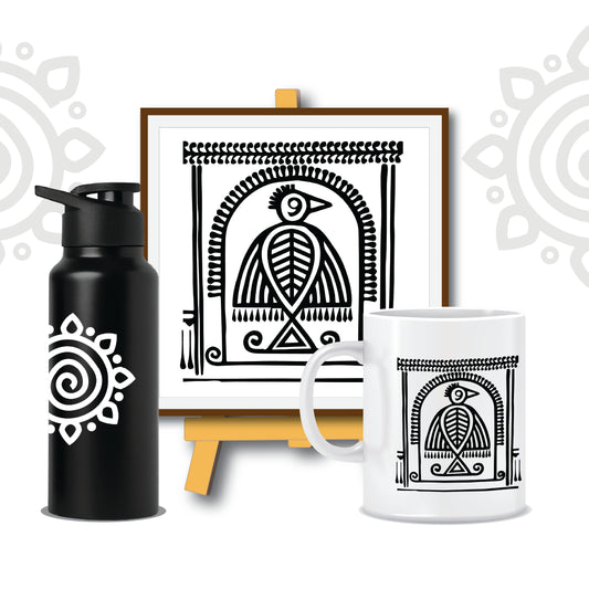 Combo Deal | Shantiniketan Style #2 | Set of 3 - Framed Art with stand, Printed Coffee Mug & Designer SS Bottle