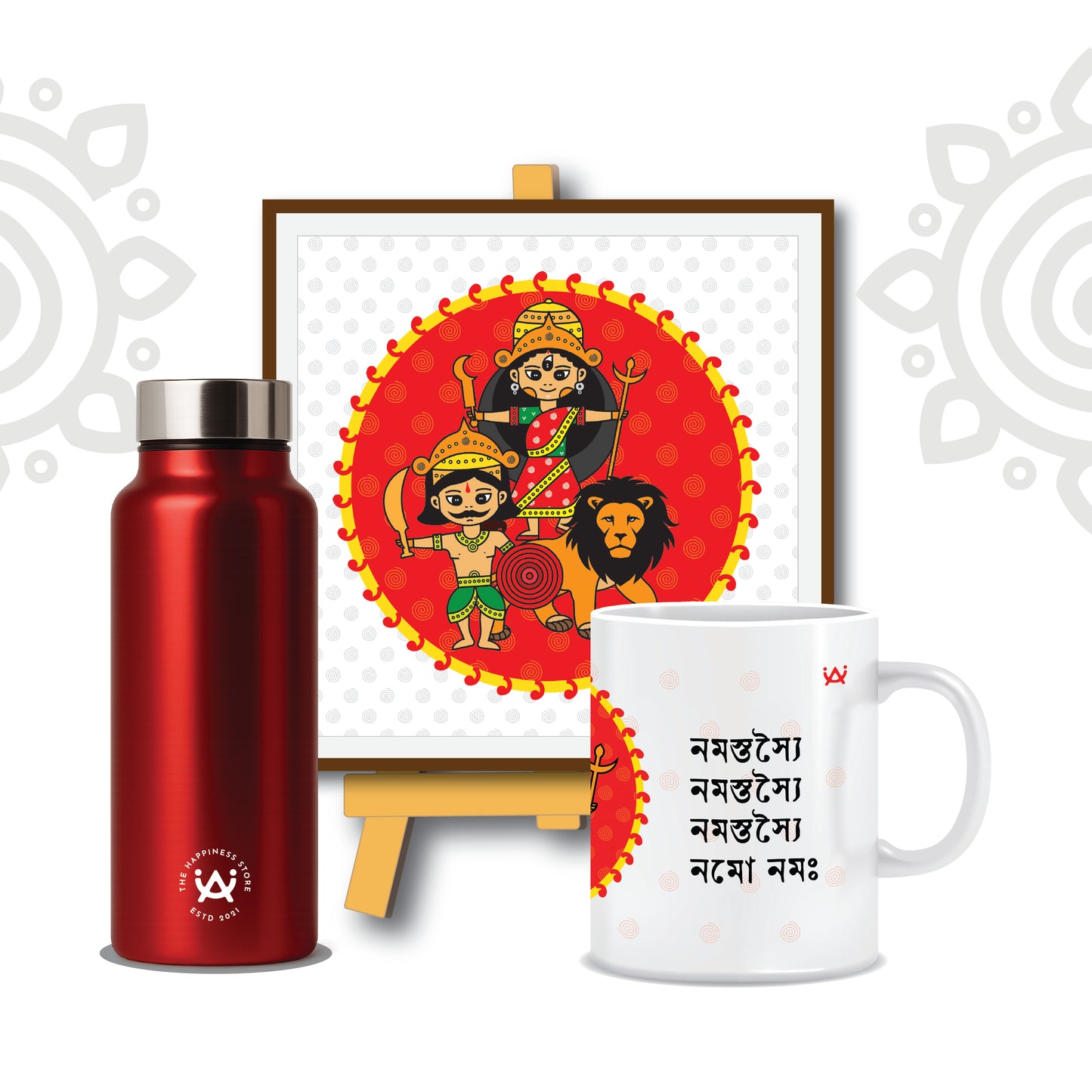 Combo Deal | Maa Durga | Set of 3 - Framed Art with stand, Printed Coffee Mug & Designer SS Bottle