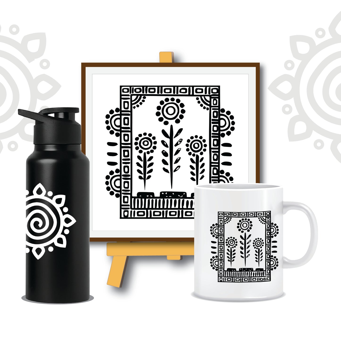 Combo Deal | Shantiniketan Style #3 | Set of 3 - Framed Art with stand, Printed Coffee Mug & Designer SS Bottle