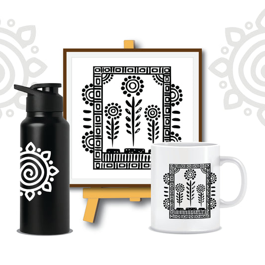 Combo Deal | Shantiniketan Style #3 | Set of 3 - Framed Art with stand, Printed Coffee Mug & Designer SS Bottle