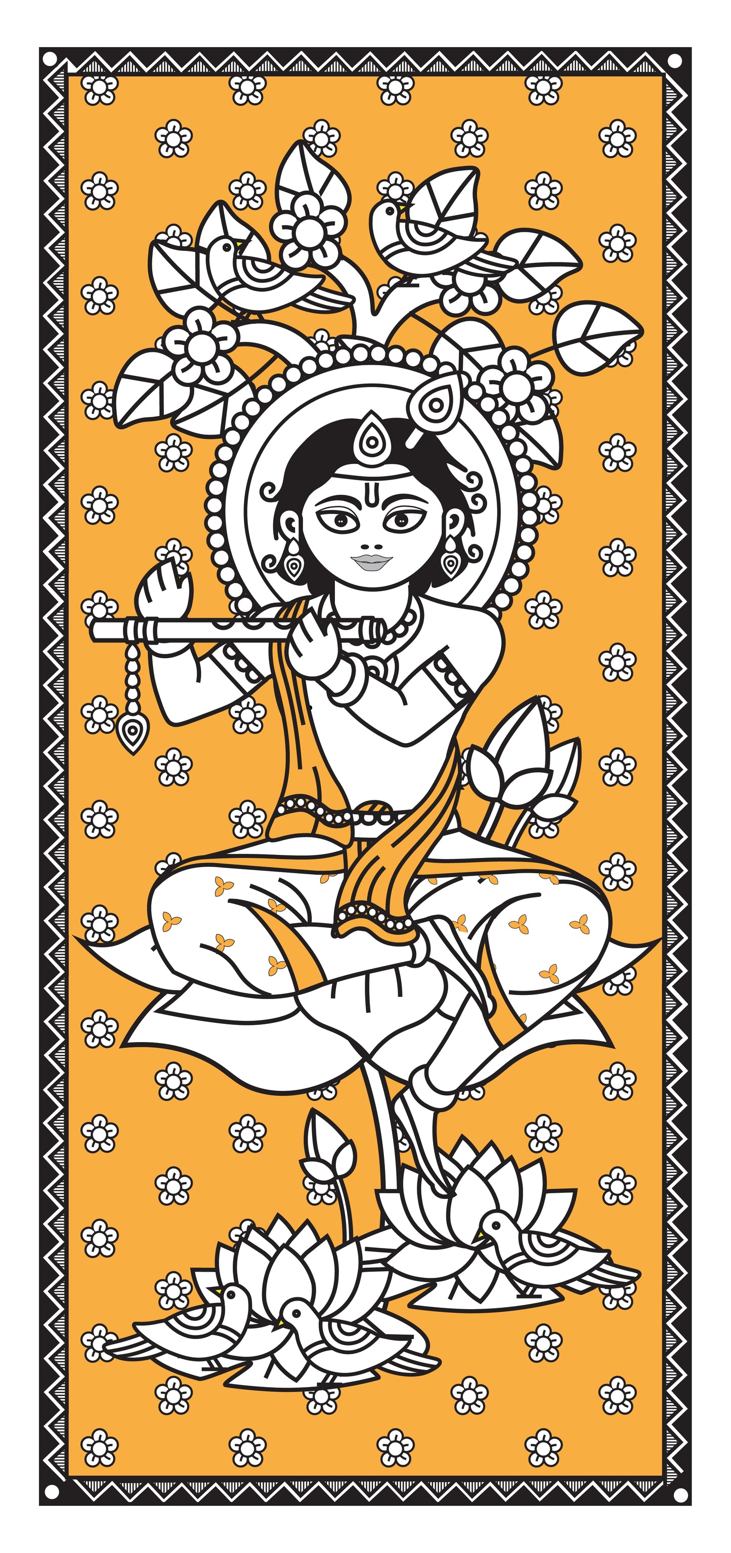 Kanhaiya | Dual Tone | Kalamkari | Digital Illustration | 8 X 17 Inch | Divine Wall Art for Home and Office
