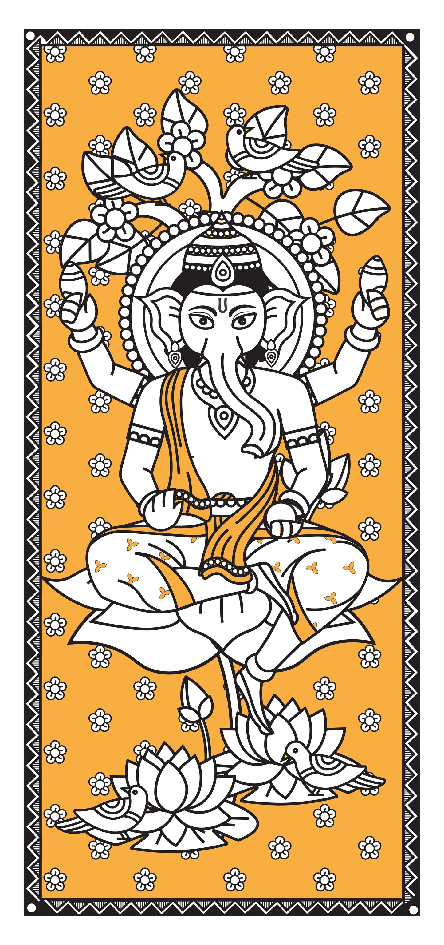 Ganpati Bappa | Kalamkari Art | Digital Illustration | 8 X 17 Inch | Divine Wall Art for Home and Office